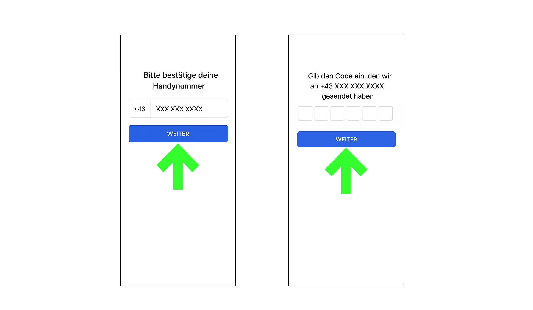 Handynummer bestätigen und Verifizierungscode eingeben Zwei mobile Bildschirme zeigen die Bestätigung der Handynummer und Eingabe eines Verifizierungscodes mit blauen "Weiter"-Button