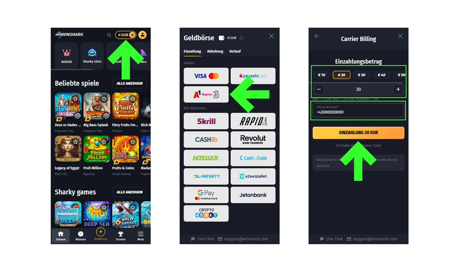 Winshark Casino – Einzahlung über A1, Magenta oder Drei per Handyrechnung auswählen und bestätigen Drei mobile Screens zeigen die Einzahlung, inklusive Auswahlbetrag und Telefonnummerneingabe
